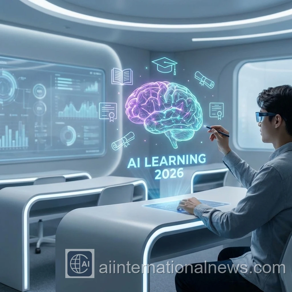 AI Learning 2026 - futuristic classroom with holographic brain